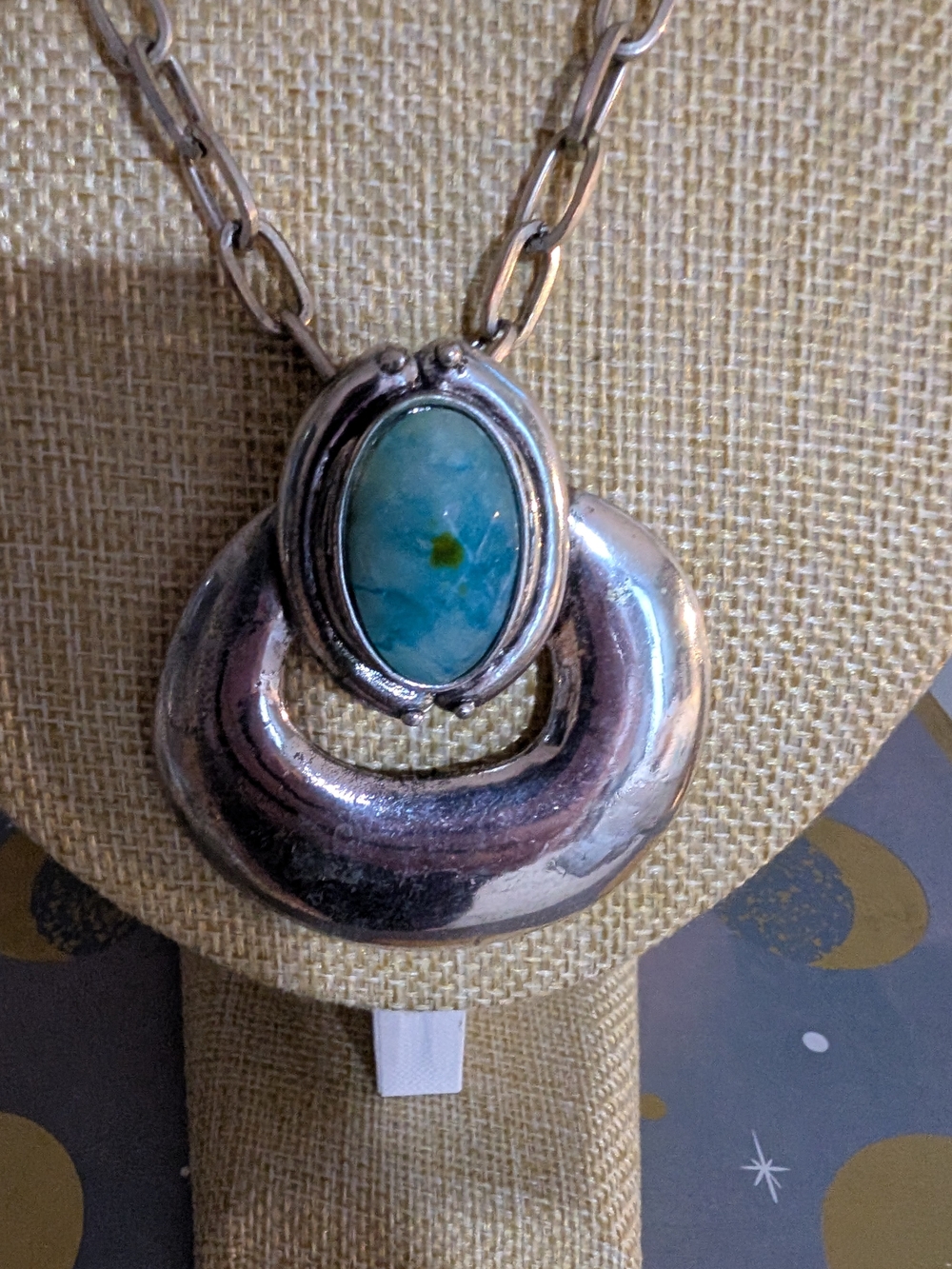 Silver Pendant Necklace with Blue-Green Turquoise Stone